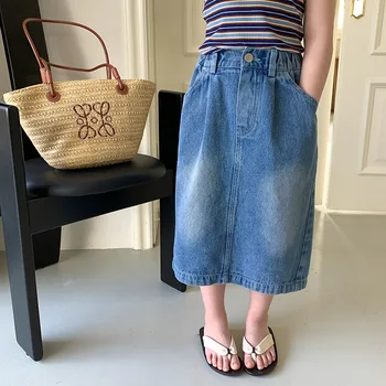 2023 Летняя универсальная джинсовая юбка средней длины для девочек, детские хлопковые юбки с разрезом, выстиранные юбки